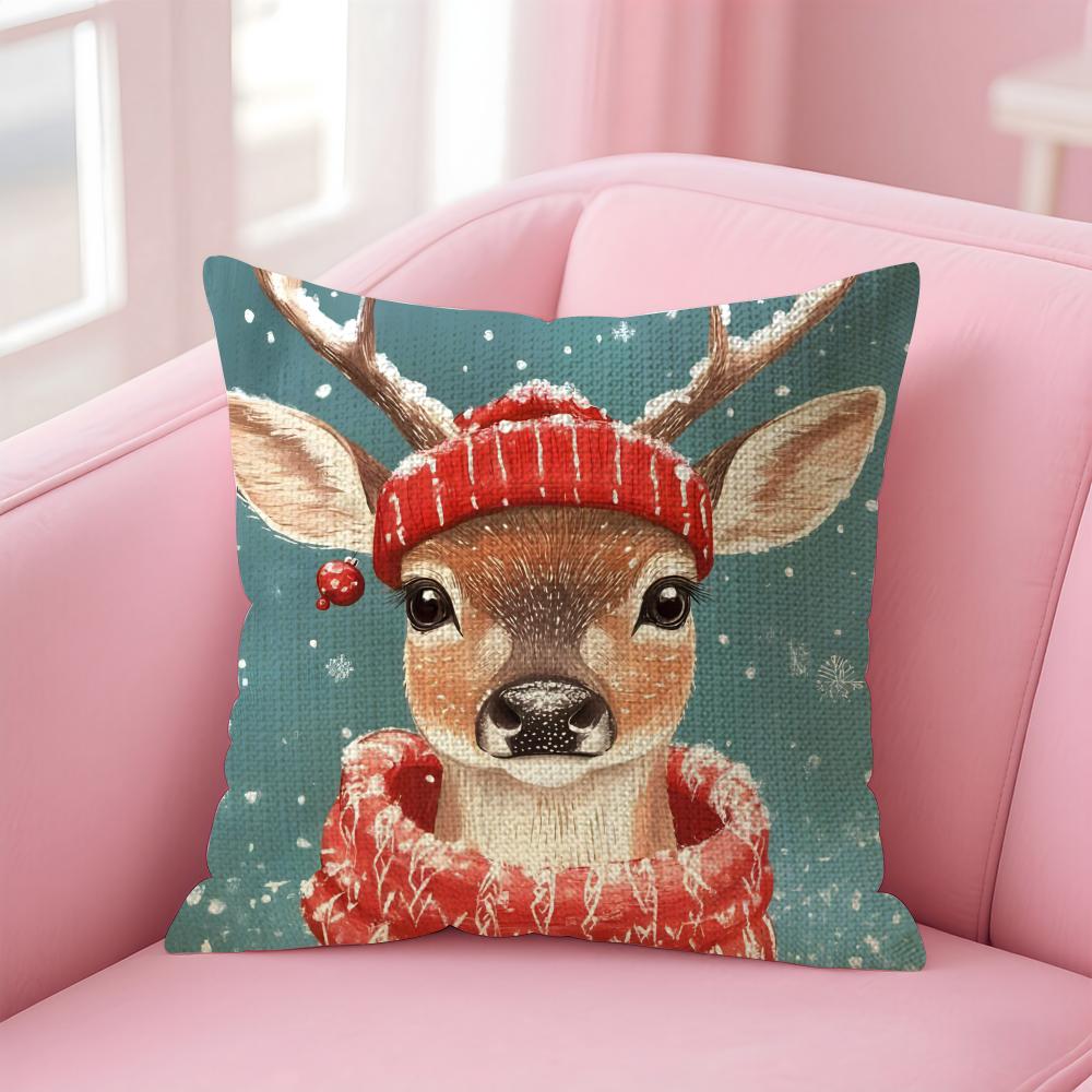 Reindeer Christmas Cute Cushion Cover Natural Linen Pillow Case DoubleSided Print Decorative Sofa Pillowcase Home Decor Gift