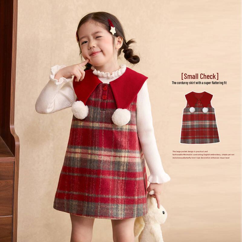 LUSON Toddler Girls  Wine Red Plaid Wool Blend Pinafore Dress 120