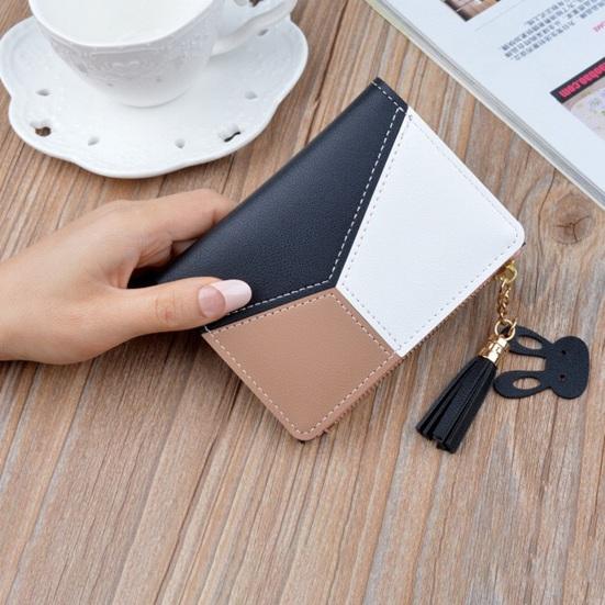 Color Block Women Wallet Slim Card Holder Wallet Bifold Mini Wallet with ID Window Zipper Coin Pocket for Travel Work Daily Use