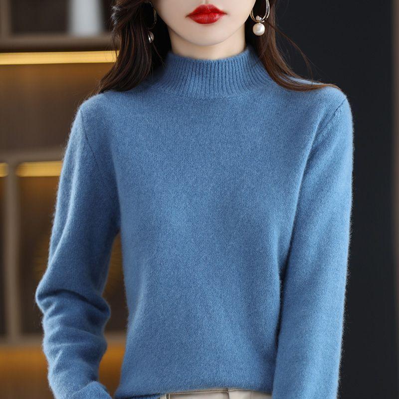 

Свитер с полувысоким воротом для женщин, повседневный пуловер на осень и зиму, однотонный свободный вязаный свитер с длинными рукавами XL светло-синий