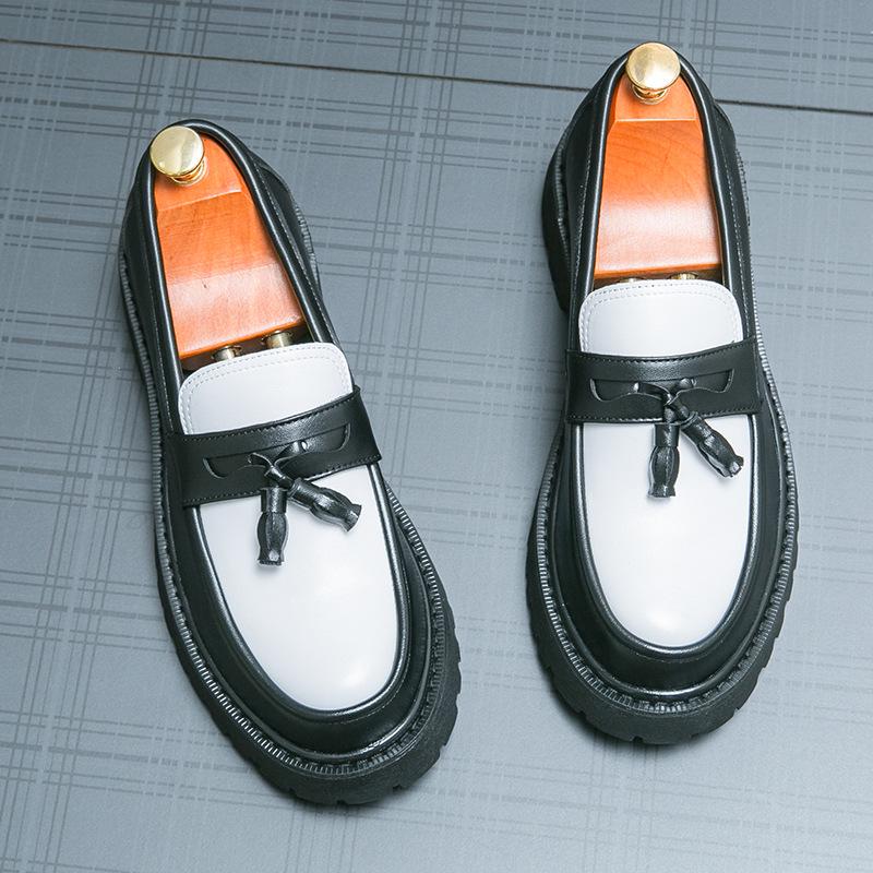 Four Seasons Men s Black & White Thick-Soled Leather Tassel Loafers 38