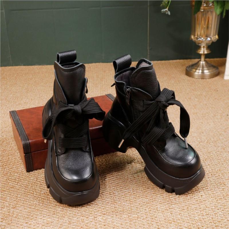 Johnature Genuine Leather Thick Soled High-heeled Boots Retro Lace-up Women's Short Platform Boots