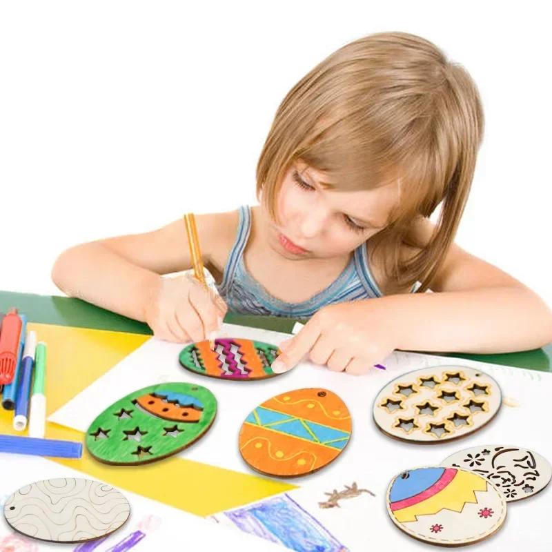 10-40PCS Easter Wooden Eggs with Hemp Rope Holiday Party Decorations DIY Craft Kits for Kids Home Wall Hanging Wooden Ornaments