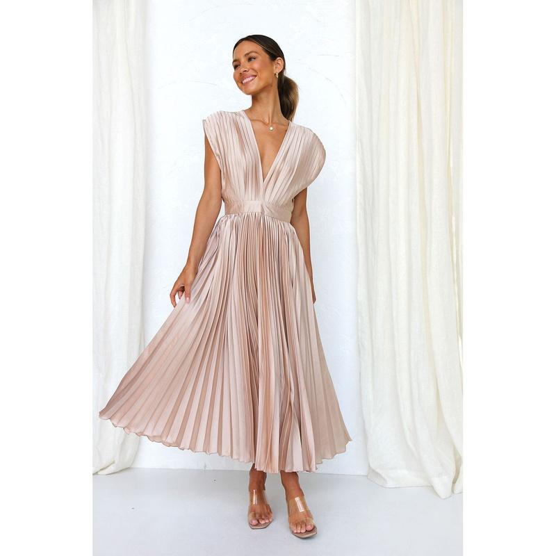 Women's Pleated Midi Dress Sleeveless V Neck Fit and Flare Elegant Party Dress