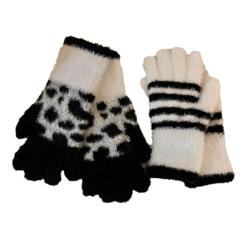 Fingerless Gloves with Touch Screen for Women Autumn and Winter Leopard Print Warm and Thickened Knitted Fingerless Woolen Gloves