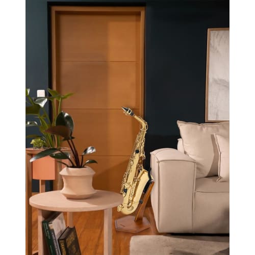 Suport pentru saxofon STRICH, Lemn masiv, pentru Alto și Tenor, Suport stabil de podea cu bază grea, Culoare nuc, FH-4
