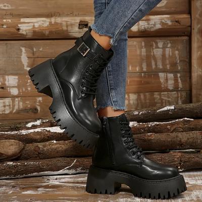 36-43 Übergröße Damenstiefel 2024 Neu Dicksohlige Rutschfeste Outdoor-Damenschuhe Einfarbig Schnürstiefel Kurze Motorradstiefel