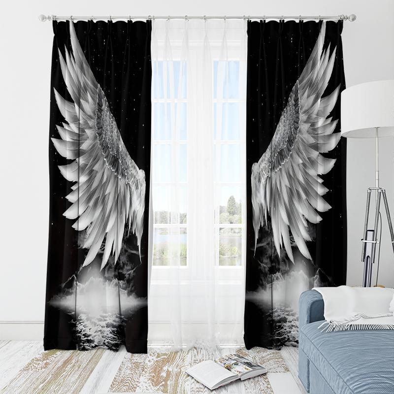 2pcs- Pure Black Cool Wing Polyester Curtains, Bathroom, Bedroom, Living Room, and Family Room Decorative Curtains
