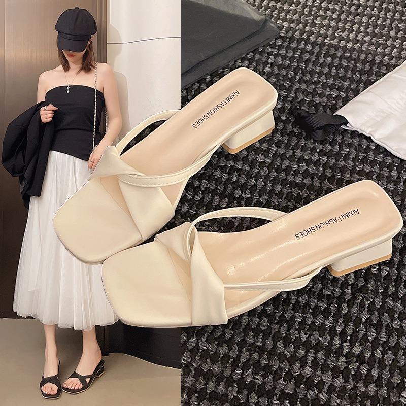 

High Heels New Style Shoes Square Toe Thick Heels One-strap Sandals Versatile Slippers 35 бежевий