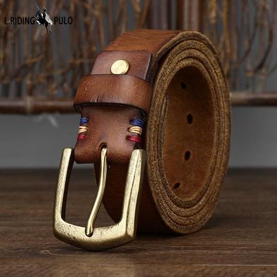 Ceinture épaisse rétro en cuir de vache tanné végétal pour homme, avec boucle en laiton, style décontracté et tendance