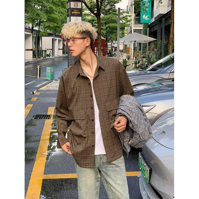 

Рубашка в японском стиле в стиле ретро с большим карманом, с длинными рукавами, для мужчин и женщин, винтажная, с несколькими карманами, контрастного цвета, для пары, рубашка, пальто 2XL зелёный