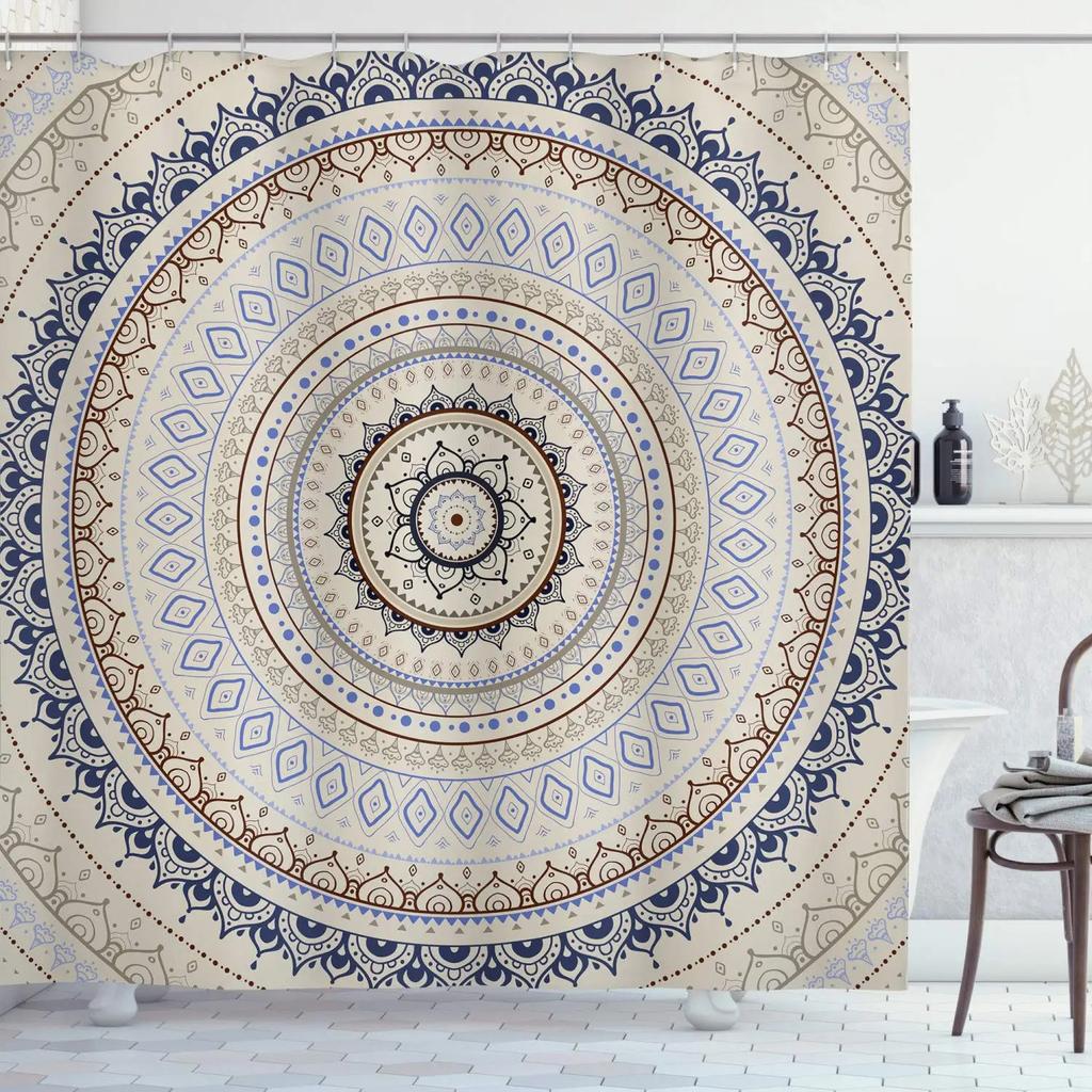 Mandala Shower Curtain,Vintage Cosmos Oriental Breeze Pattern Swirled Floral Leaves Cloth Fabric Bathroom Curtain Set with Hooks