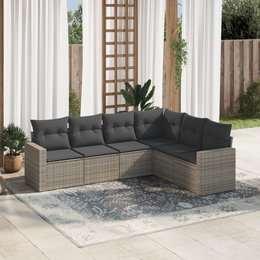 Vidaxl 6-Cz. Garden Furniture Set With Cushions, Grey, Poly Rattan