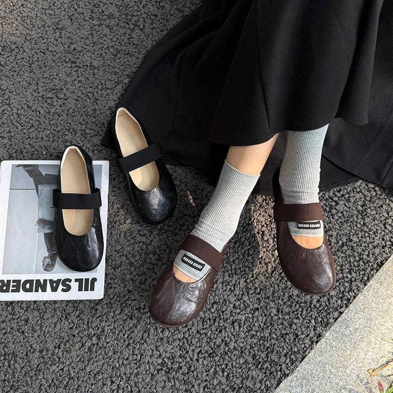 Johnature Sapatos Mary Jane Femininos de Couro Genuíno com Elástico Casual de Couro de Vaca Macio Flats Confortáveis com Solado Macio