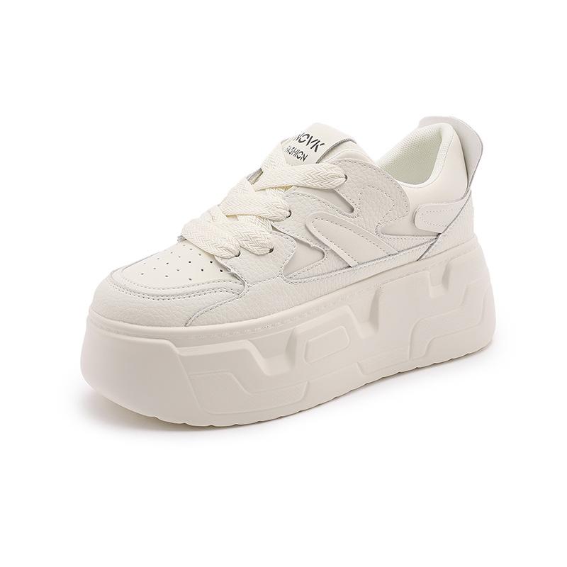 Leather platform women's shoes 8cm autumn new casual shoes versatile shallow mouth single shoes inner height increase round head white shoes women