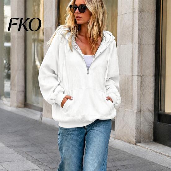 Comfortable Loungewear Top Womens Quarter Zip Hoodie, Oversized Loose Fit Long Sleeve Sweatshirt with Full Corduroy Hoodie Drawstring Hood Kangaroo