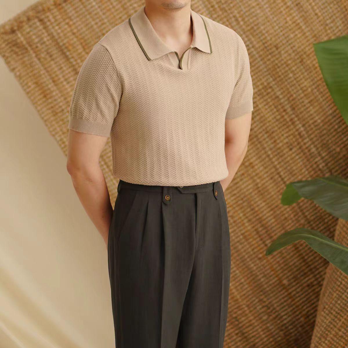 

Fashionable Design Short Sleeve Polo Shirt Men Vintage Breathable Casual Knit Lapel T-shirt S хакі