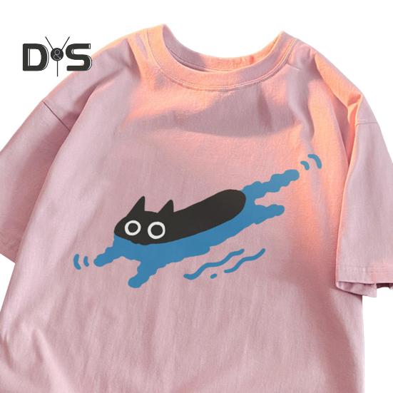 

Повседневная футболка для пары с рисунком черной кошки, футболка с круглым вырезом, свободный летний топ для мужчин и женщин, домашняя спортивная одежда для улицы M розовый