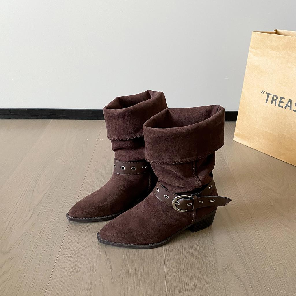 Spot~ White Deer Same Retro Two-wear Knight Boots 2025 New Autumn and Winter Pointed Pleated Western Pile Boots