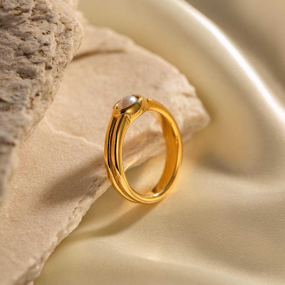18k Gold Double-Layer Pearl Ring - Stylish European/American Design, Durable Stainless Steel