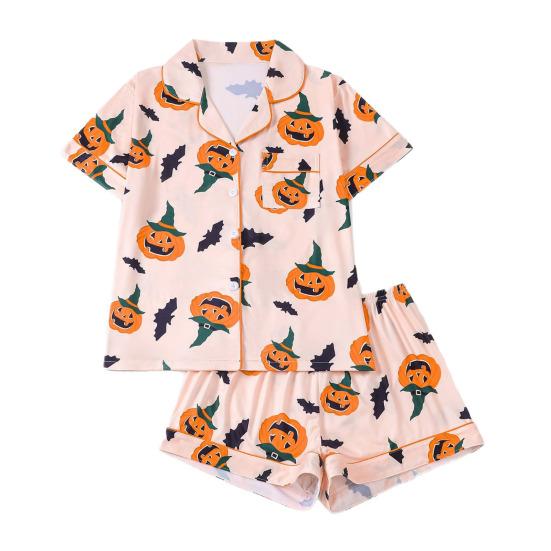 Damen Halloween Pyjama Set Knopfleiste 2-teiliges Pjs Shorts Set Kürbisdruck Kurzarm Nachtwäsche Sets
