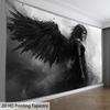 Dark Angel Tapestry, Woman with Black Wings in Monochrome, Gothic Fantasy Wall Hanging for Bedroom Living Room Decor