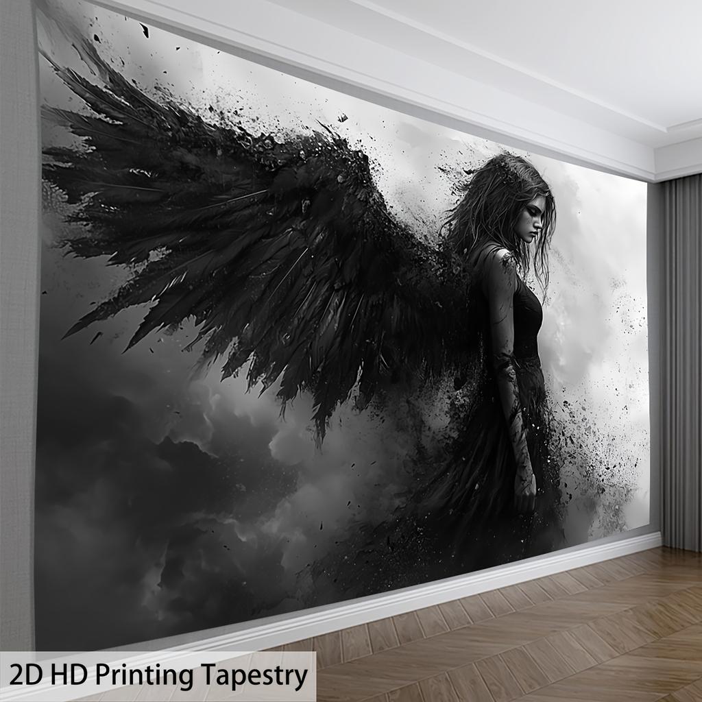 Dark Angel Tapestry, Woman with Black Wings in Monochrome, Gothic Fantasy Wall Hanging for Bedroom Living Room Decor