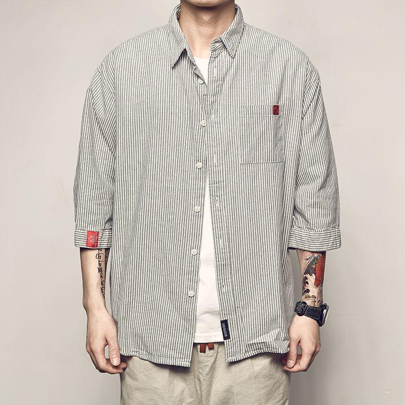 Men's Summer New Arrival Men 3/4 Sleeve Stripes Shirt Japanese Retro Style Trends Loose Youth Street Shirt Men
