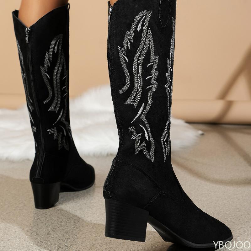 Fashion Embroidered boots for women in plus size thick heel retro ethnic style comfortable versatile anti slip temperament women's shoes