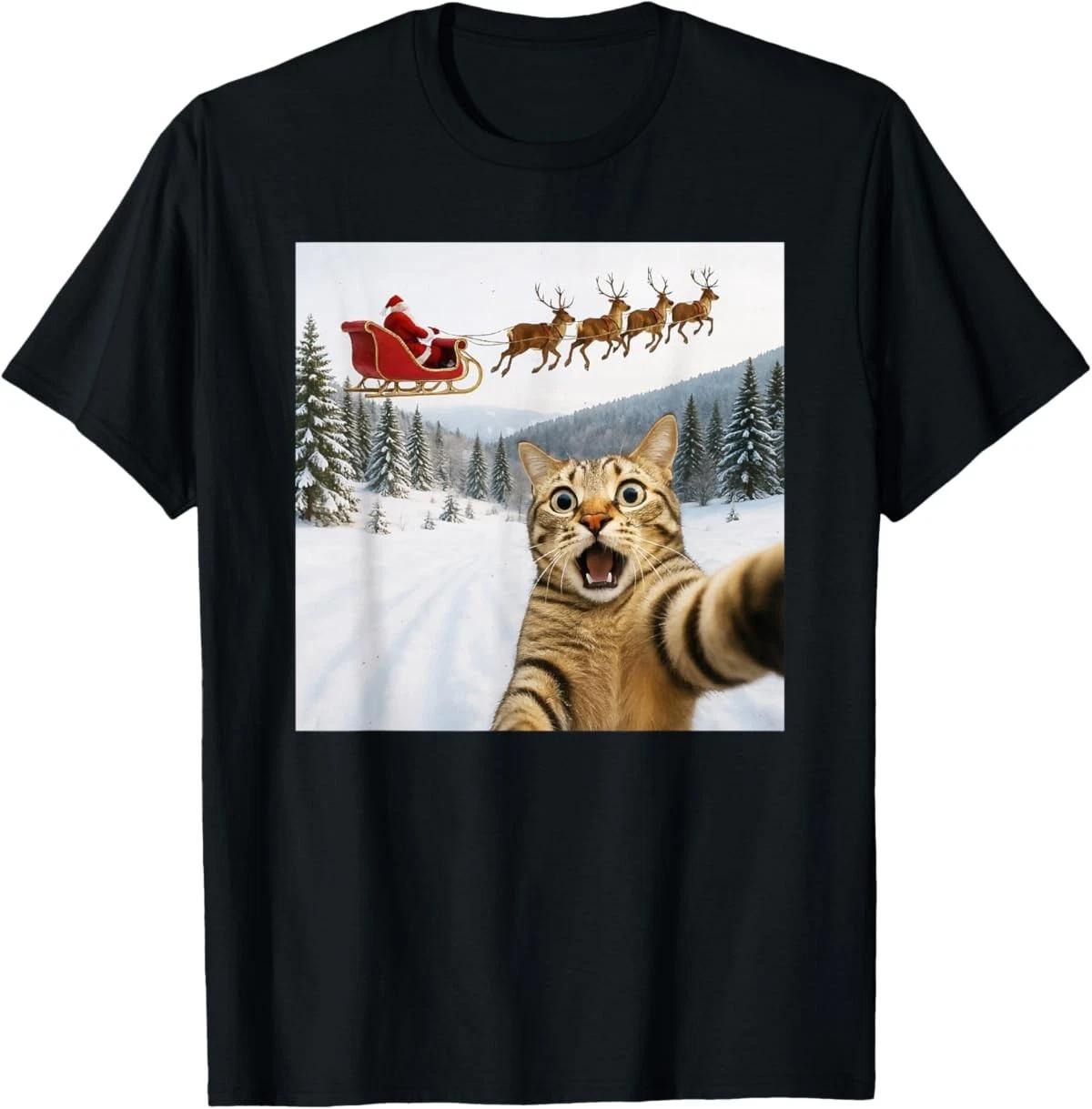 Funny Cat Selfie with Santa Sleigh Reindeer Xmas Christmas T-Shirt XXXL