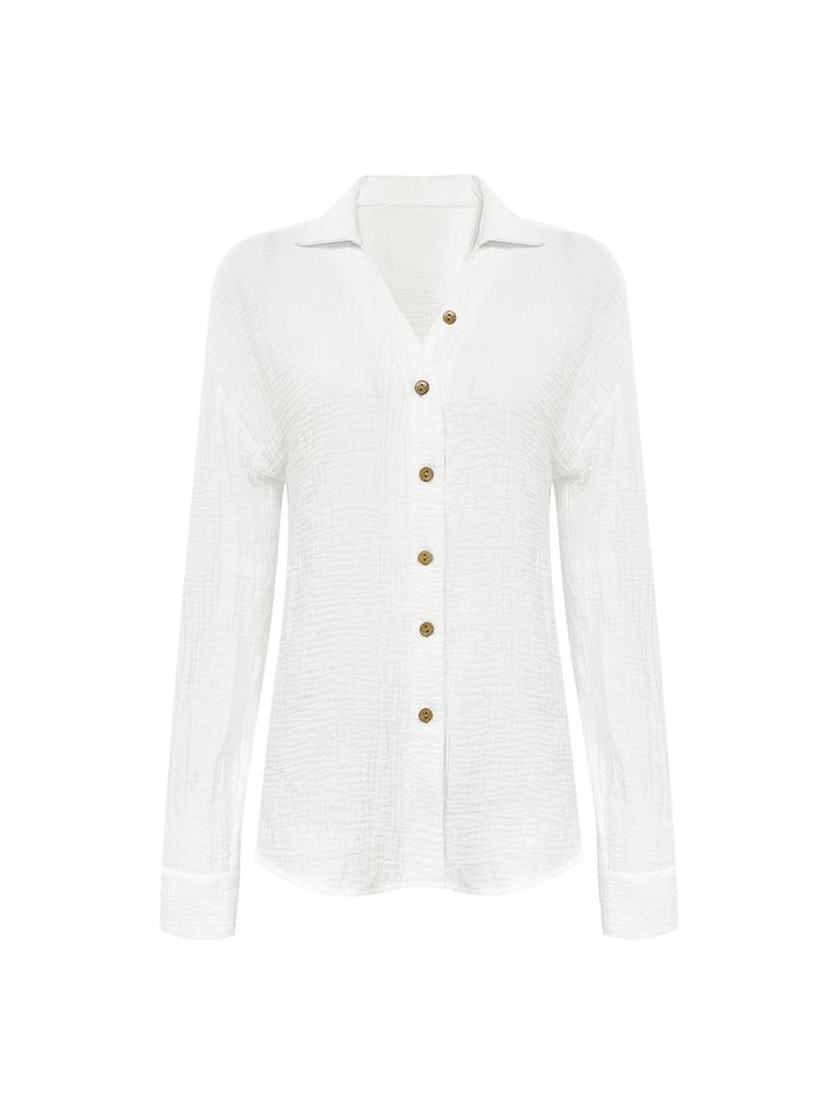 Women S Solid Long Sleeve Button Up Shirt Loose Collared Blouse