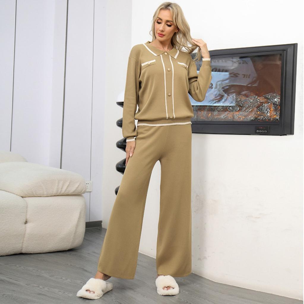 Autumn and Winter Collar Single-breasted Loose Casual Wide-leg Pants Knitted Two-piece Set for Women