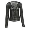 Sexy Women Mesh Long Sleeved T Shirt with Adjustable Straps Black See Through V Neck Split Tops Ladies Summer Clothing