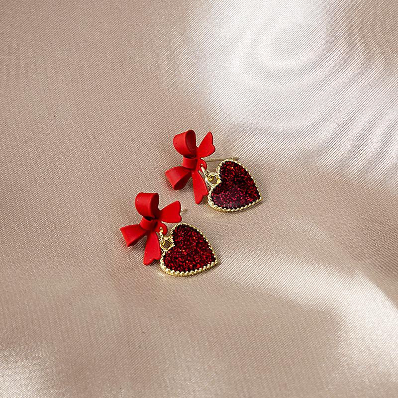 Red Love Drop Oil Diamond Earrings Long Fringed Bow Peach Heart Girl Sweet Temperament Ear Jewelry