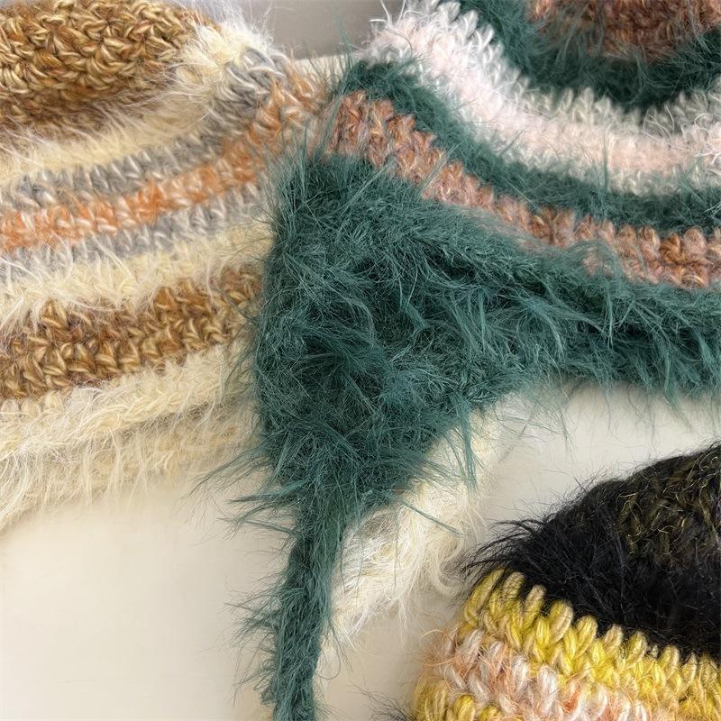 College style rabbit hair wool contrasting colors women's autumn and winter warm wool feeling outdoor cold ear protection flying hat