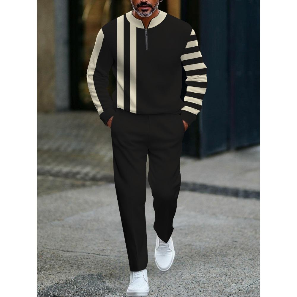 Spring Autumn 3D Printed Fashion Cool Men's Long-Sleeved Sets Half-Zipper Stand-Up Collar Men's Casual Sportswear Two-Piece Set