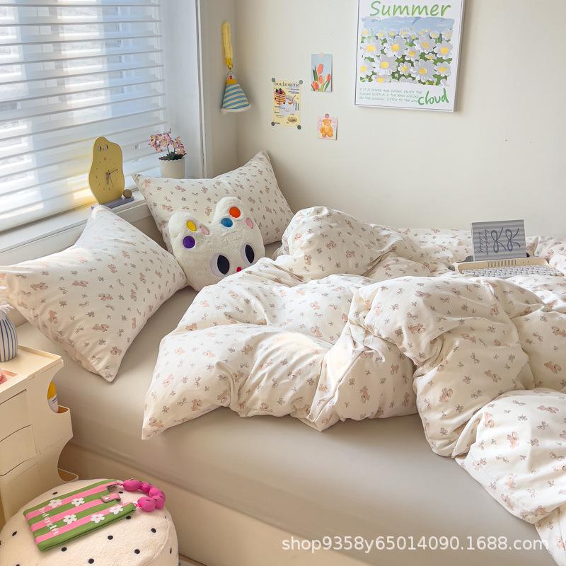 Class A Maternal and Infant Grade Knitted Cotton Double-layer Yarn 4pcs Set, Super Soft Washed Cotton Quilt Cover, Student Dormitory 3pcs Set