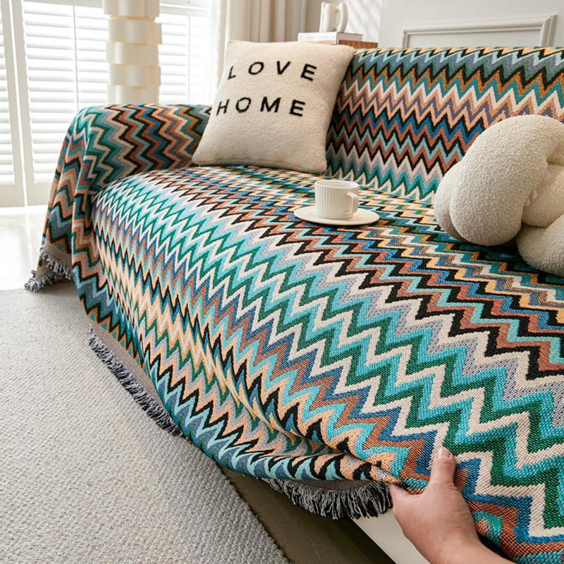 Bohemian Bawełna Len Dzianinowy Pokrowiec Narzuta Sofa Geometryczny Pełne Pokrycie Całoroczne Zastosowanie