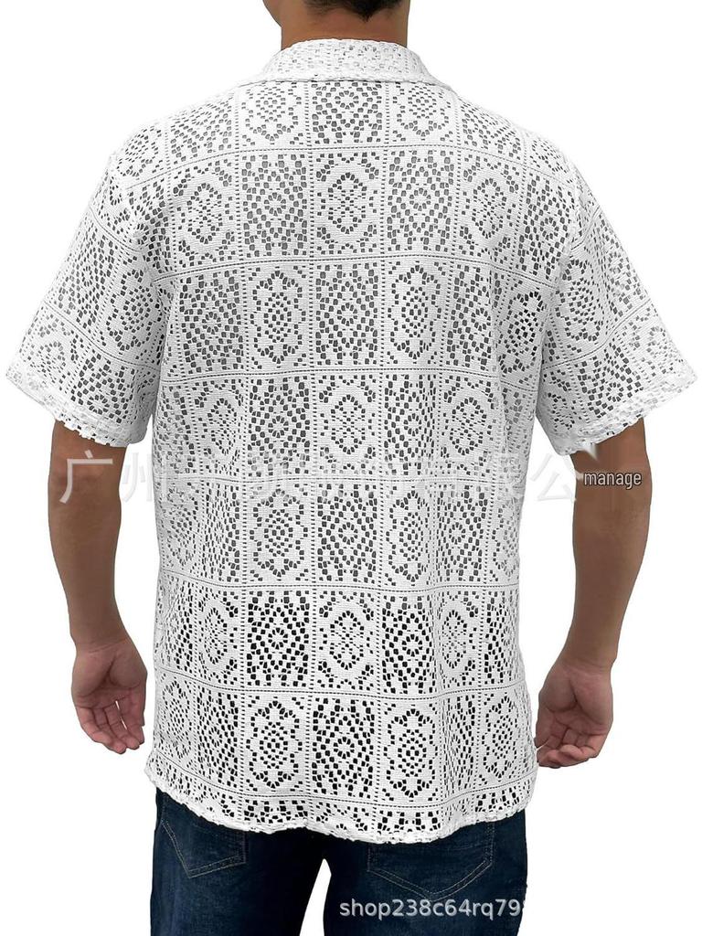 Herren Mesh Aushöhlendes Kurzarm Freizeit Hemd mit Knöpfen - Sommer Durchsichtiges Twist-Design