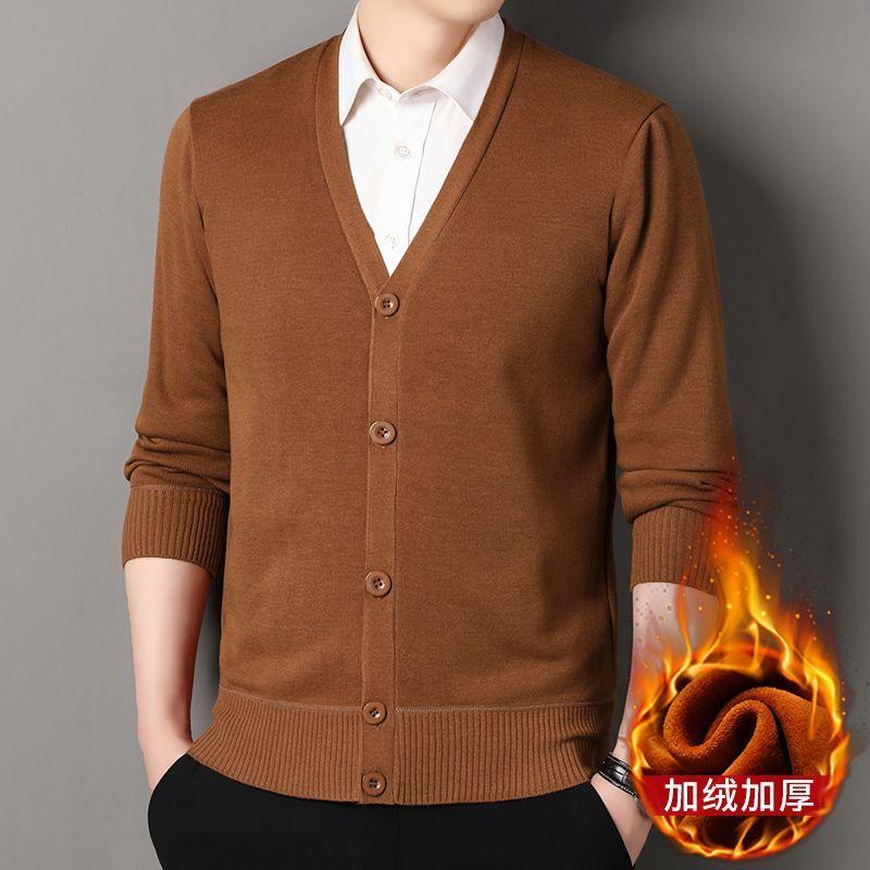 New Autumn Winter Men's V-neck Velvet Thickened Cardigan Sweater Middle-aged Elderly Warm Knitted Jacket