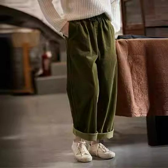 

Spring 2023 Retro Cotton Corduroy Wide-Leg Pants with Elastic Waist Large мох зеленого