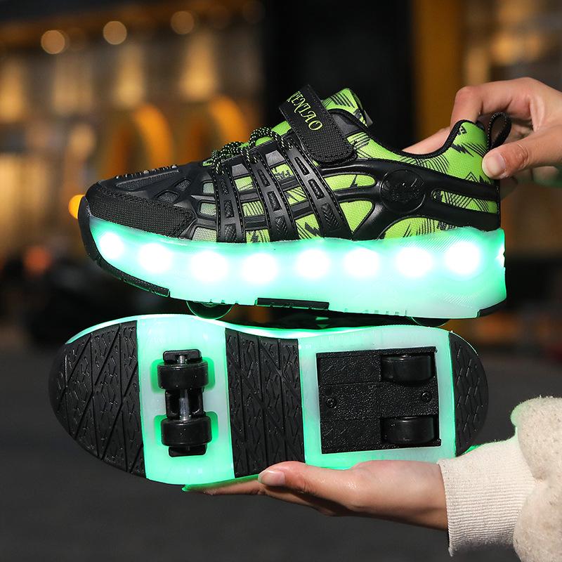 

Новые детские четырехколесные беговые туфли с выдвижными автоматическими колесиками, спортивная обувь с зарядкой через USB, светодиодная светящаяся обувь 40