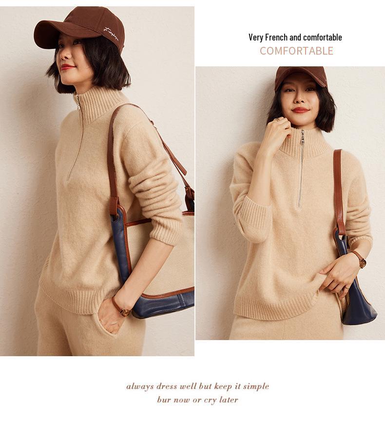 Women's Cashmere Half-Zip Hoodie Sweater - 2024 Autumn/Winter Collection