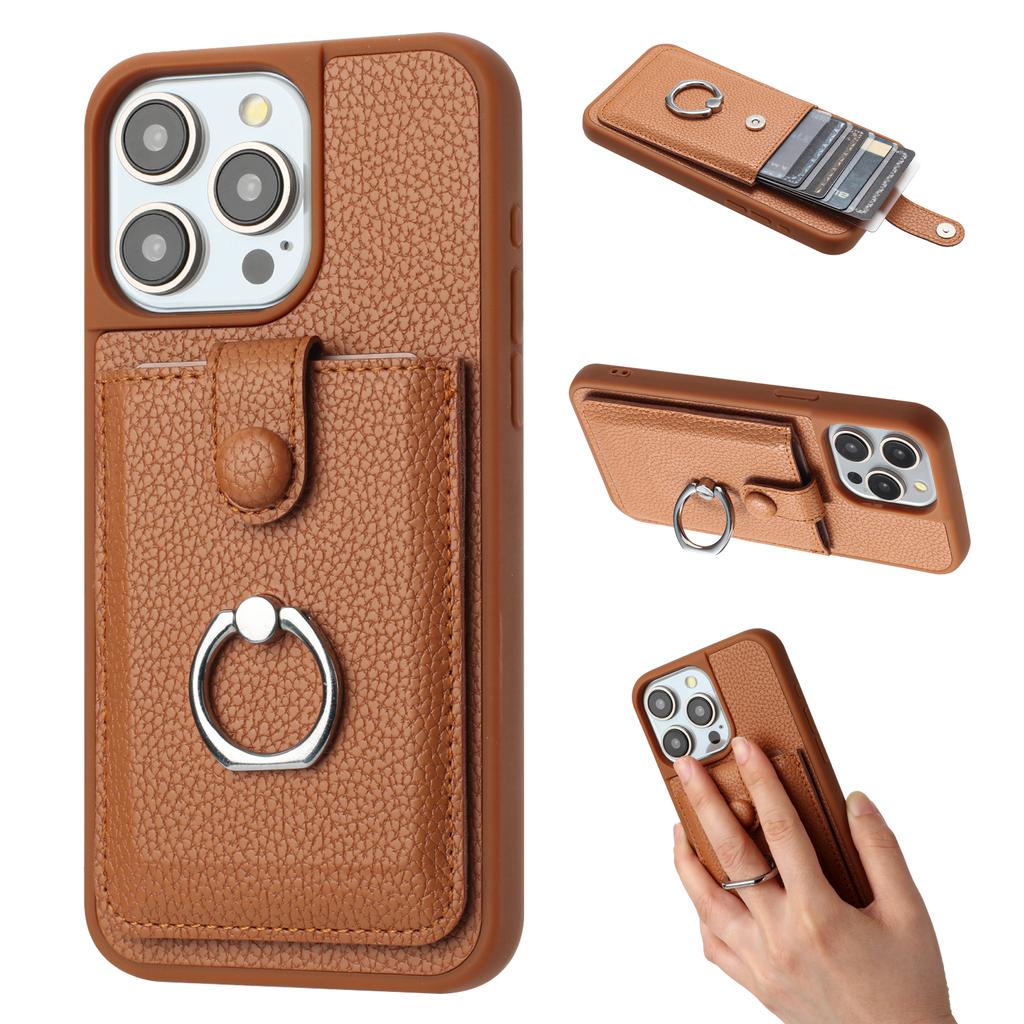 For iPhone 15 Pro Max Case Drawing Type Card Slots Litchi Texture Leather Back Cover with Ring Kickstand