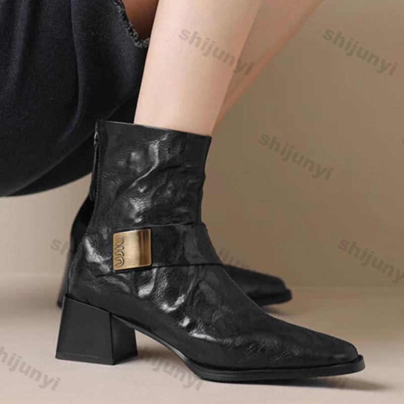 Vintage Square Toe Ankle Boots for Women Autumn Winter Zipper Black Thick Heels Short Boots Woman PU Leather Botas Mujer