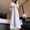 Women Pants Light Blue White Vertical Stripes Loose Straight Cut Long Trousers Bow Print Adjustable Drawstring High Waist Elastic Waistband