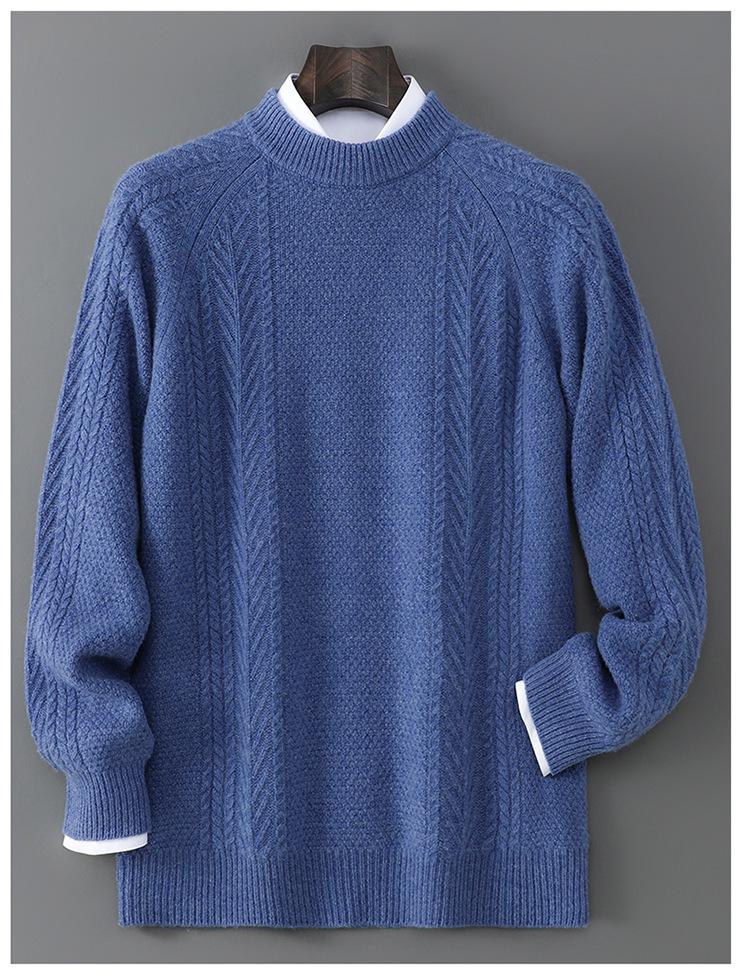 Men's Thick 100% Pure Wool Half-High Collar Knit Cashmere Pullover Sweater for Autumn and Winter