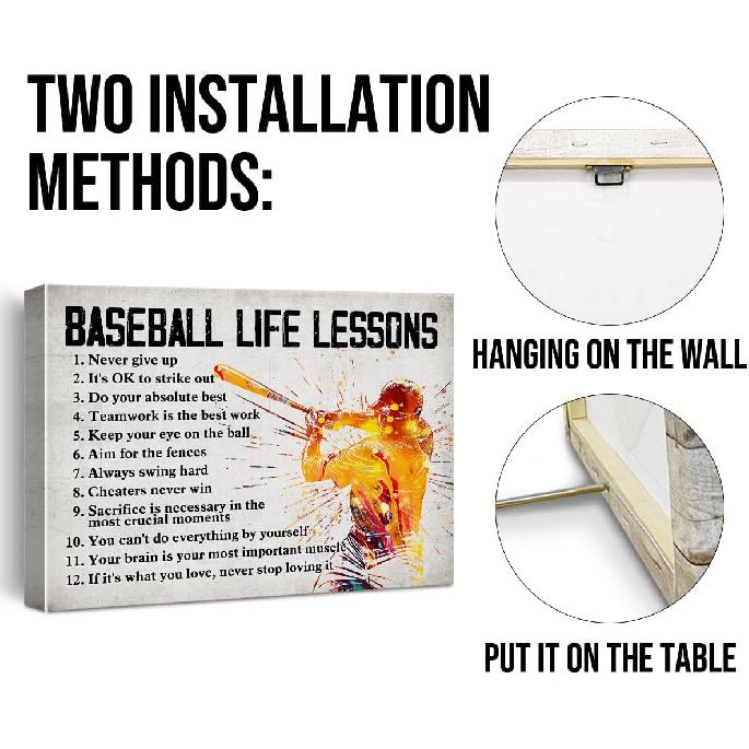 Hijie Baseball Poster Canvas Wall Art for Home Decor, Baseball Life Lessons Motivational Canvas Print Painting, Baseball Gifts for Men Baseball