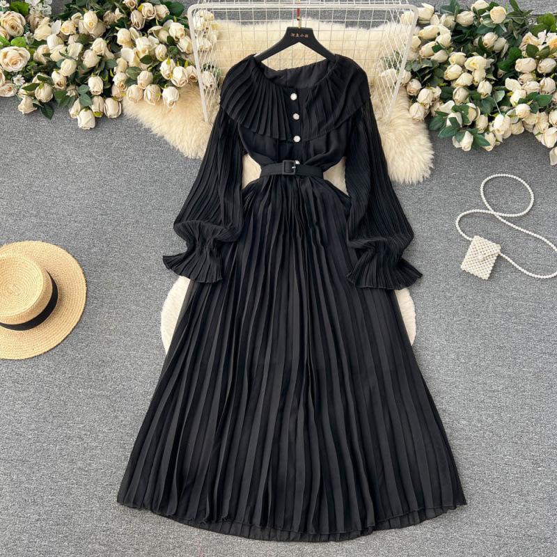 Summer new waist slim lapel pleated dress socialite temperament ruffle edge long sleeves big swing long dress tide