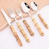 1Pc Wood Bamboo Handle Cutlery 304 Stainless Steel Dinnerware Serving Fork Spoon Salad Cake Fork Spoon Coffee Spoon Tableware